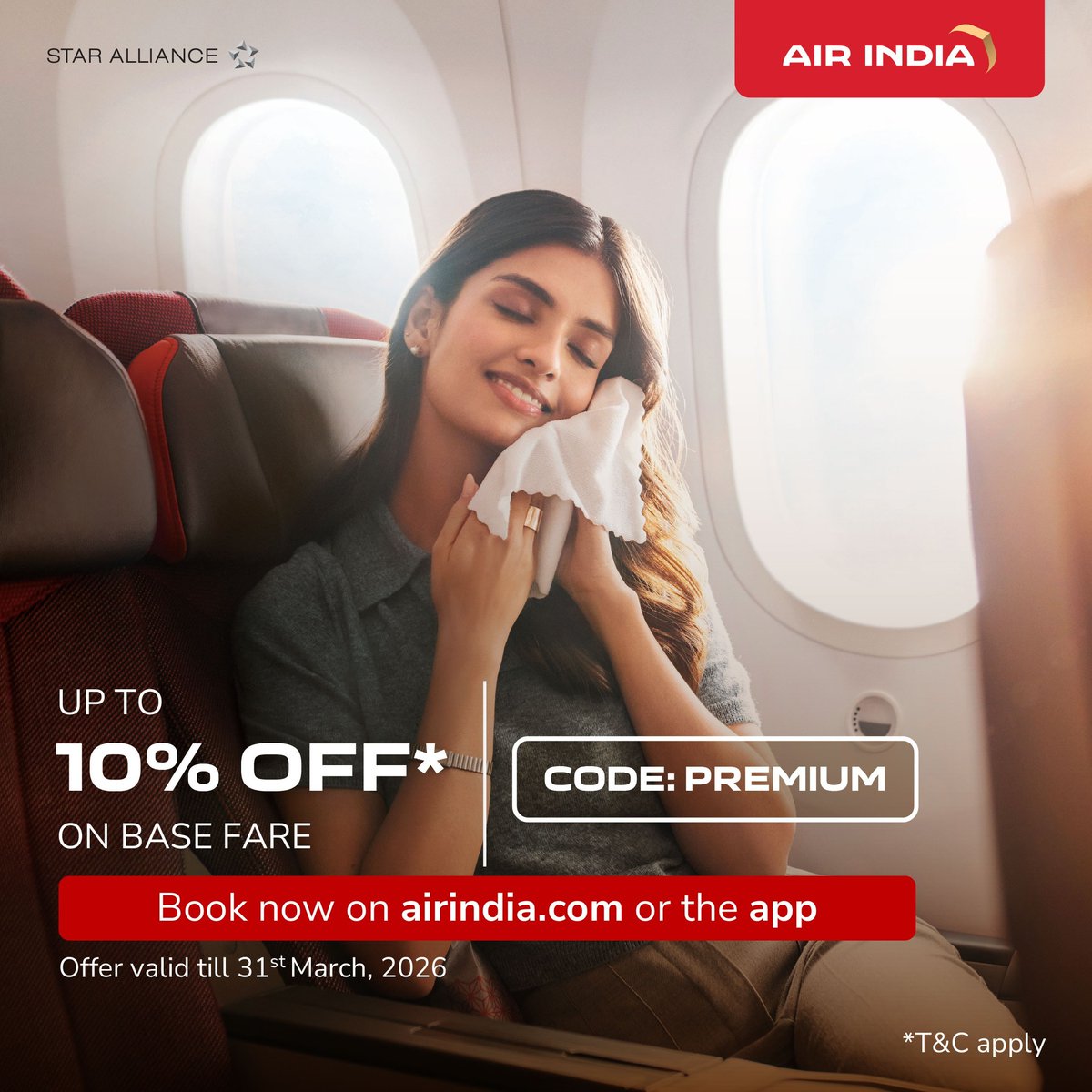 airindia's tweet photo. A refined flying experience with priority boarding, extra legroom &amp; gourmet meals. Enjoy up to 10% off the base fare when you book with code PREMIUM. Book now!