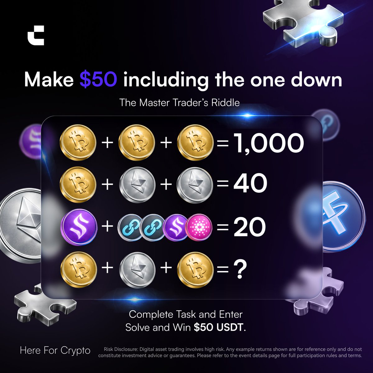 Solve and WIN! 🥳

Can you crack The Master Trader’s Riddle and find the final number? 👀

Drop the correct answer for a chance to win $50 USDT. 💰

How to join:
✅ Comment your answer + drop UID
✅ Follow <a href="/CoinWOfficial/">CoinW</a>
✅ Like &amp; Share this post

Think you got it? Let’s see who