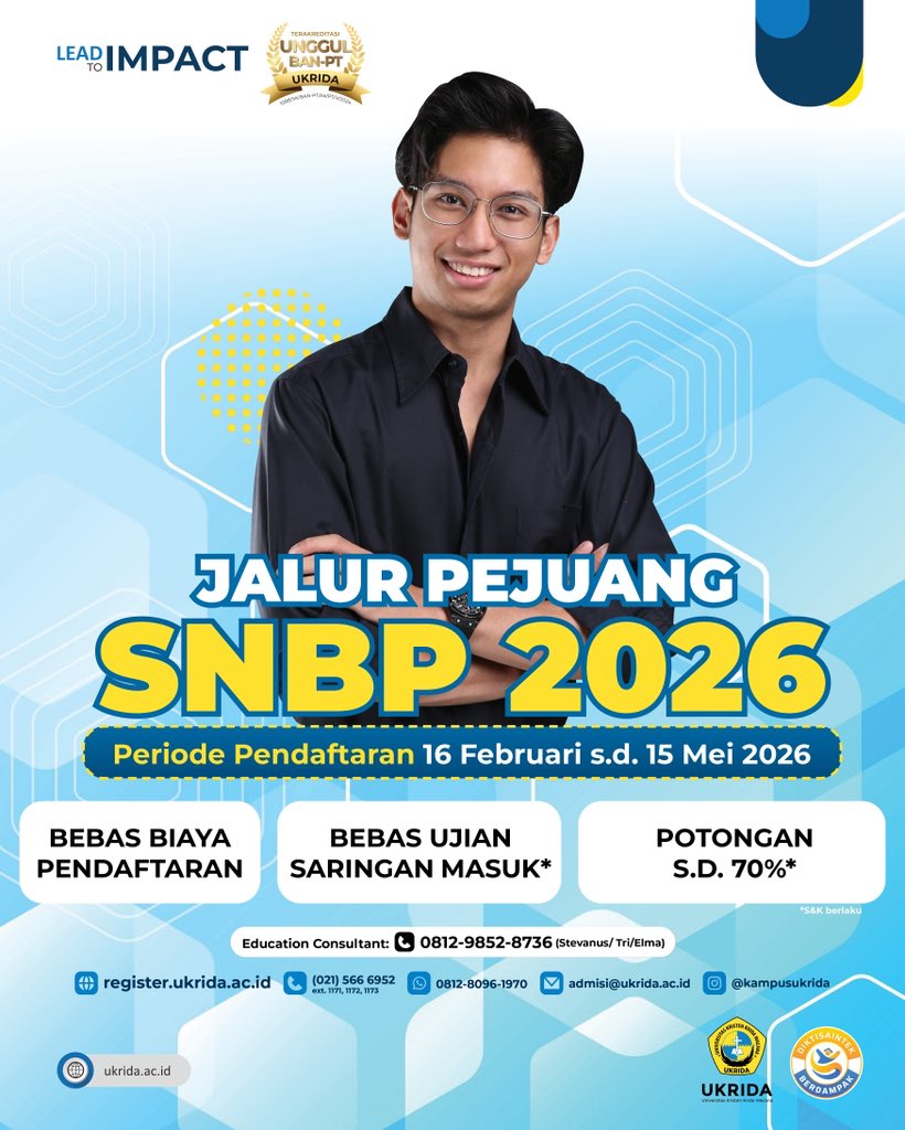 Belum lolos SNBP? Tenang… masih ada Jalur Pejuang SNBP 2026 🔥

Buat kamu yang berjuang di SNBP, UKRIDA kasih jalur spesial biar kamu tetap bisa lanjut langkah menuju kampus impian ✨

🗓 Pendaftaran: s.d. 15 Mei 2026

Yuk lanjutkan perjuanganmu di UKRIDA 🚀