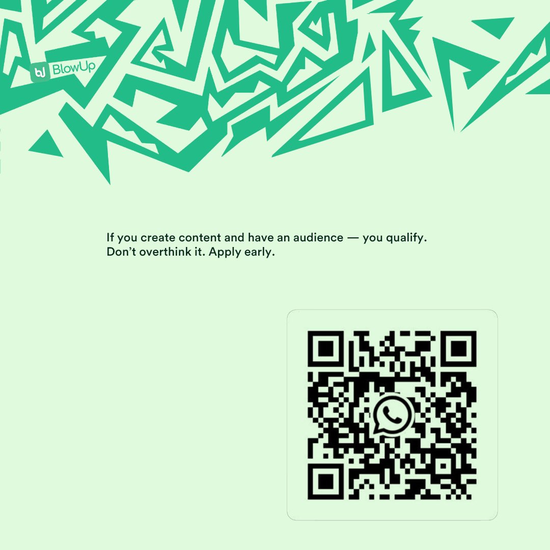 getblowup's tweet image. CREATE CONTENT → GET PAID.
If you create and have an audience, you already qualify. No gatekeepers. Just results. 💚

Don’t overthink it—scan the QR or tap in now 👉 getblowup.com

Comment “JOIN” if you’re ready!

#BlowUp #CreateAndEarn #AfricanCreators #GetPaidToCreat