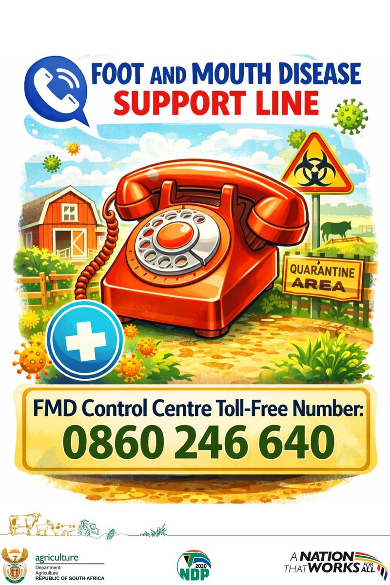 GovernmentZA's tweet image. 📢 Foot-and-Mouth Disease! 

Protect your animals. Protect your income. Protect our food!!

📞 FMD Control Centre Toll-Free Number: 0860 246 640 #GovZAUpdates #FMD