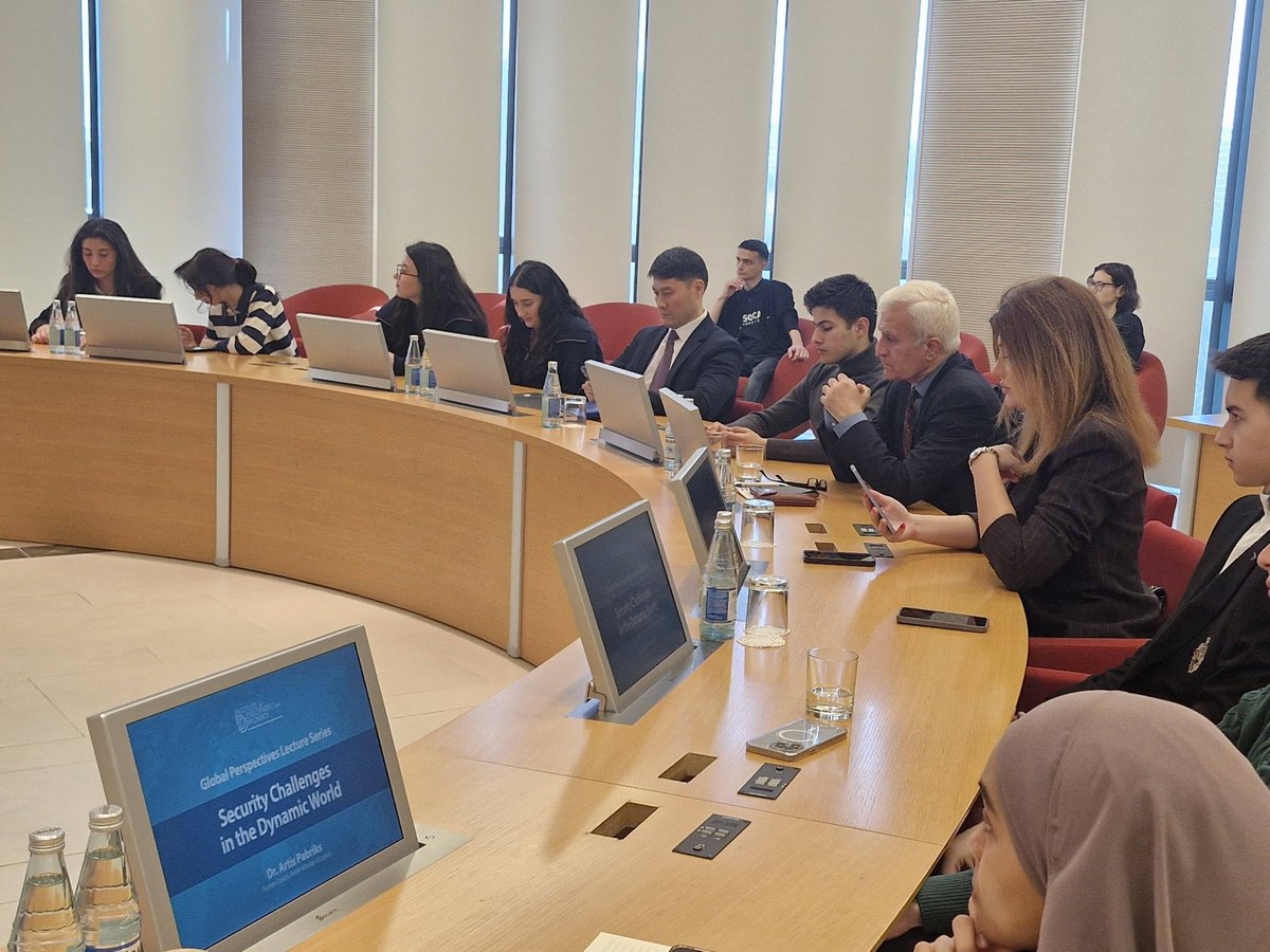 LVinAzerbaijan's tweet photo. Dr Artis Pabriks, #NorthernEuropePolicyCenter Director, Miltech CEO, former Defense Minister, Vice Prime Minister who visited Azerbaijan within the frame of #XIIIGlobalBakuForum gave a lecture on "Security changes in the dynamic World" at #ADAuniversity. https://t.co/JtyWZ8scby