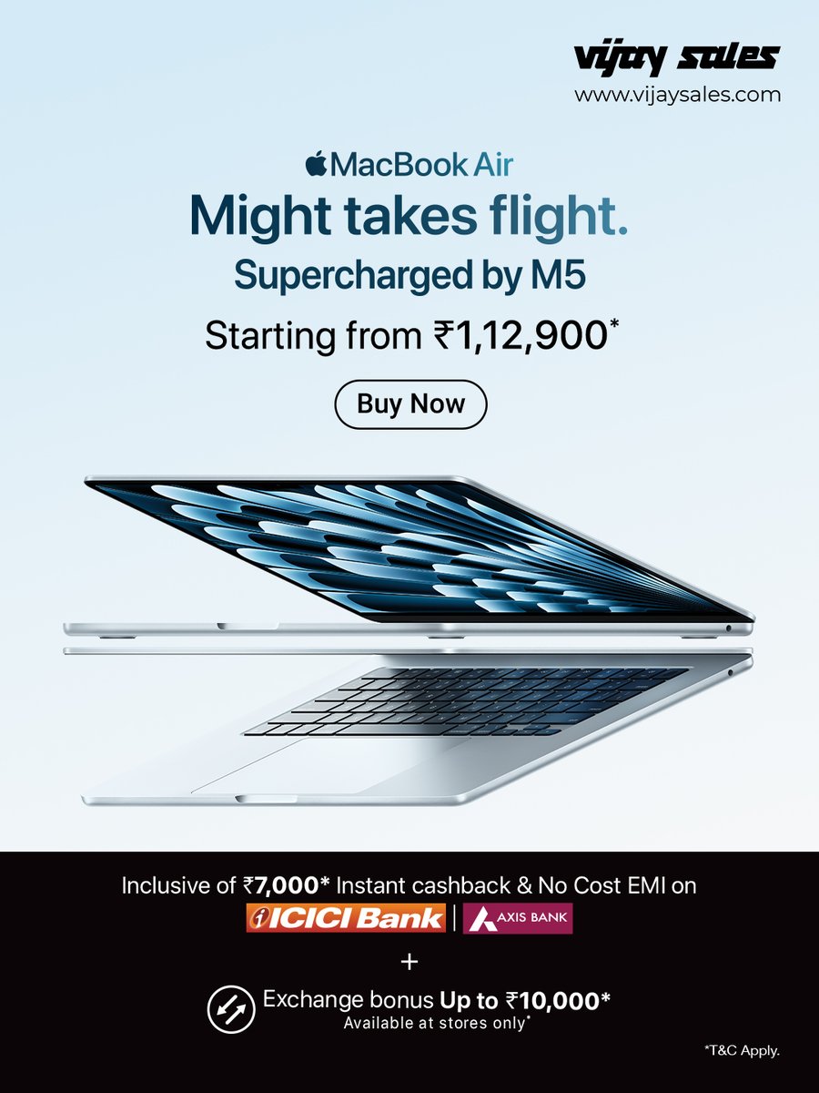 VijaySales's tweet image. There’s something for every kind of Mac person. 💻

Get MacBook Neo starting at ₹65,900* and MacBook Air M5 starting at ₹1,12,900* with instant cashback, No Cost EMI and exchange bonus up to ₹10,000* at Vijay Sales. 

#VijaySales #Apple #AppleIndia #AppleProducts #MacBook