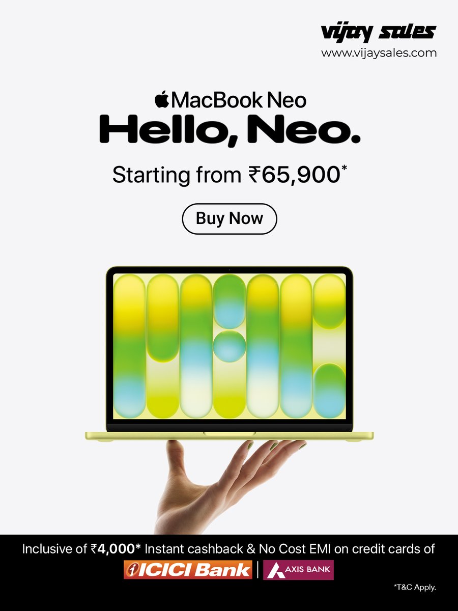VijaySales's tweet image. There’s something for every kind of Mac person. 💻

Get MacBook Neo starting at ₹65,900* and MacBook Air M5 starting at ₹1,12,900* with instant cashback, No Cost EMI and exchange bonus up to ₹10,000* at Vijay Sales. 

#VijaySales #Apple #AppleIndia #AppleProducts #MacBook