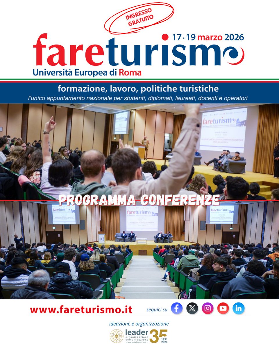 𝗙𝗔𝗥𝗘𝗧𝗨𝗥𝗜𝗦𝗠𝗢 𝟮𝟬𝟮𝟲: 𝗢𝗡𝗟𝗜𝗡𝗘 𝗜𝗟 𝗣𝗥𝗢𝗚𝗥𝗔𝗠𝗠𝗔 𝗖𝗢𝗡𝗙𝗘𝗥𝗘𝗡𝗭𝗘
Per consultarlo: fareturismo.it/programma-2026/

#FareTurismo dal 17 al 19 marzo
Ingresso gratuito 
Roma - UER Università Europea di Roma