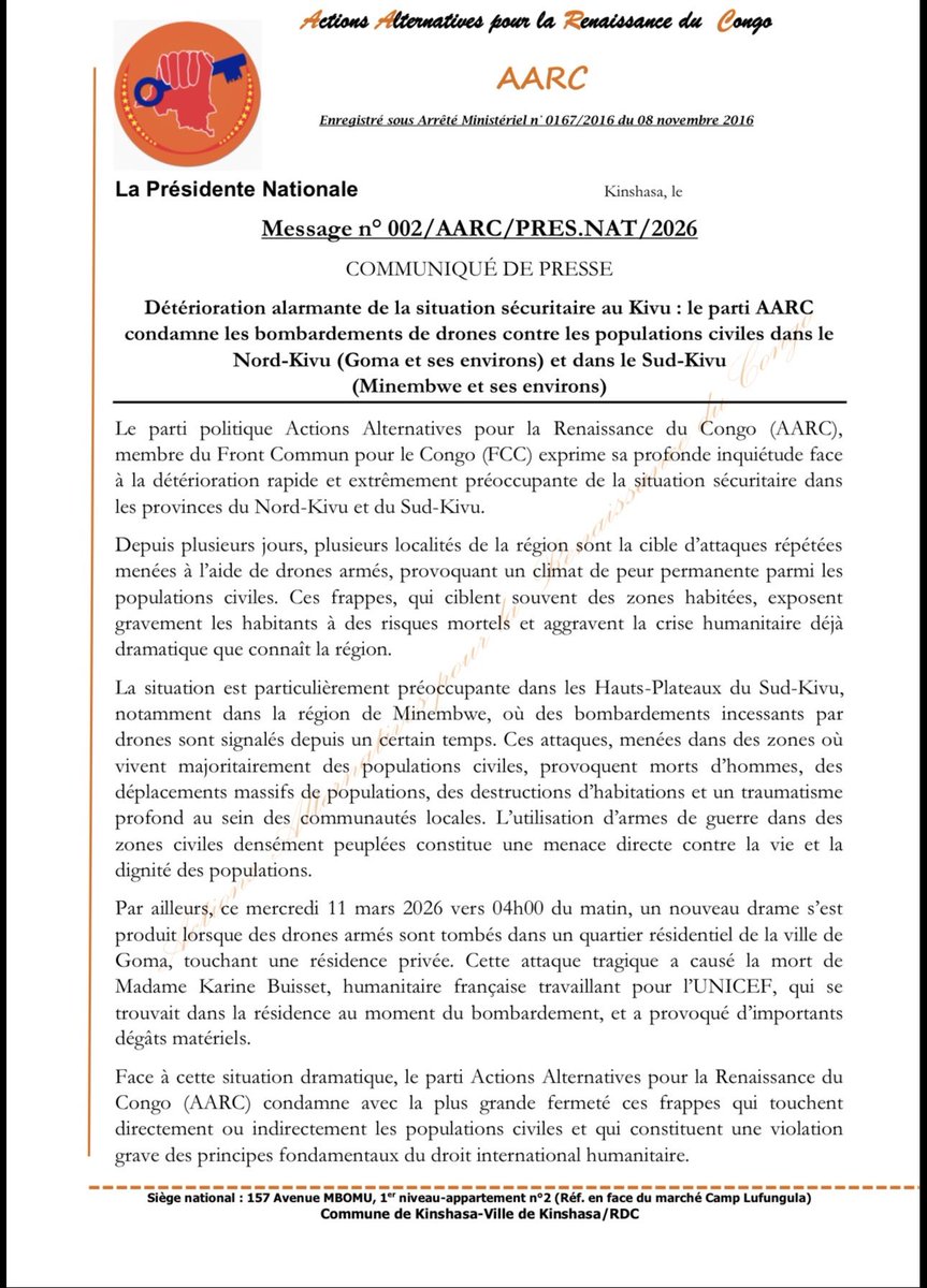 AarcRdc's tweet photo. Communication de L’Honorable @elysee_munembwe, Présidente Nationale du Parti Politique Actions Alternatives pour la Renaissance du Congo, après les évènements du 11 mars 2026 à Goma et la situation à l’Est de la RDC.@KayembeDido1 @MabotoChristian @goma24news @MunembweForeve https://t.co/3AUiuVUO7H
