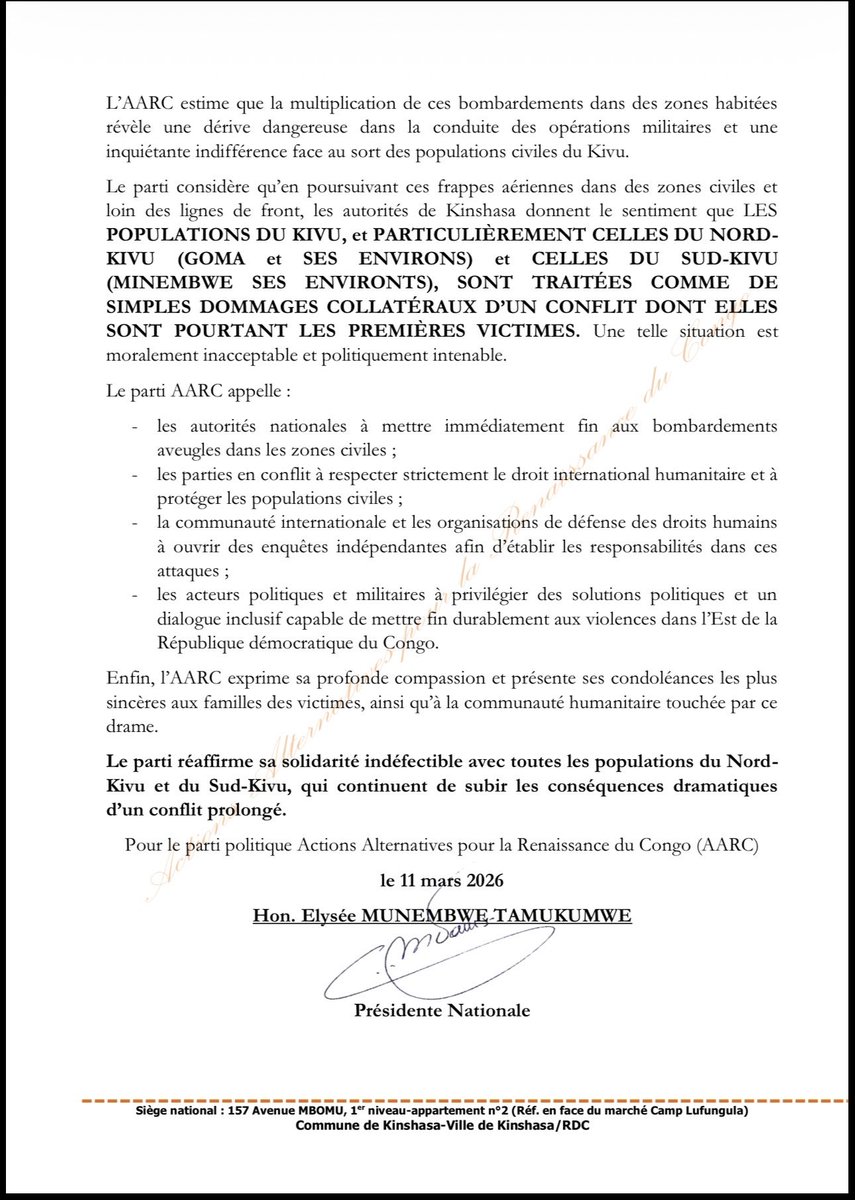 Communication de L’Honorable <a href="/elysee_munembwe/">Elysée Munembwe T.</a>, Présidente Nationale du Parti Politique Actions Alternatives pour la Renaissance du Congo, après les évènements du 11 mars 2026 à Goma et la situation à l’Est de la RDC.<a href="/KayembeDido1/">DIDO KAYEMBE M'VITA (MBA)</a> <a href="/MabotoChristian/">MUKULUMANYA Christian</a> <a href="/goma24news/">Goma24</a> @MunembweForeve