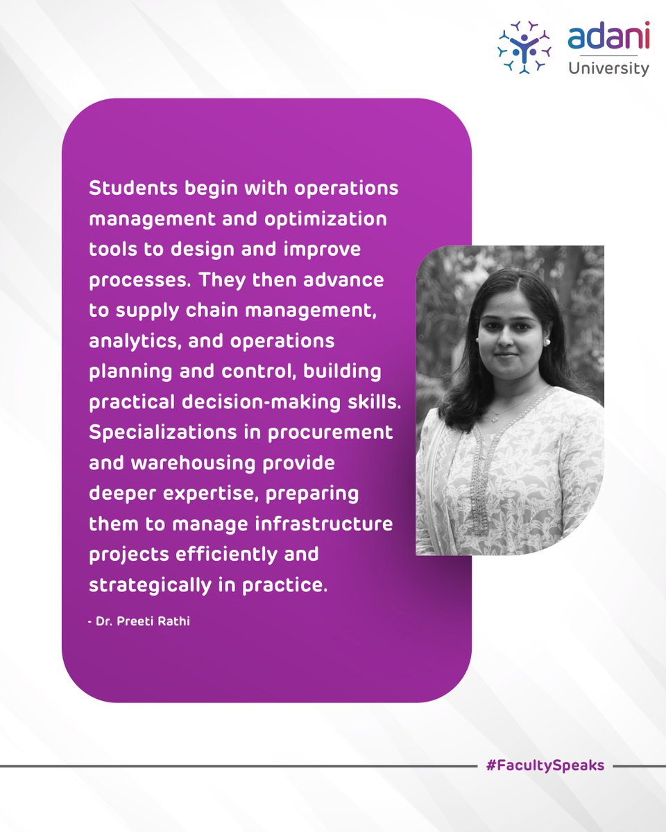 Our faculty shares how the #MBA in Infrastructure Management strengthens operations and supply chain expertise, helping students make practical, strategic decisions in real‑world infrastructure settings.

Admissions open, apply today!

#AdaniUniversity #InfrastructureManagement