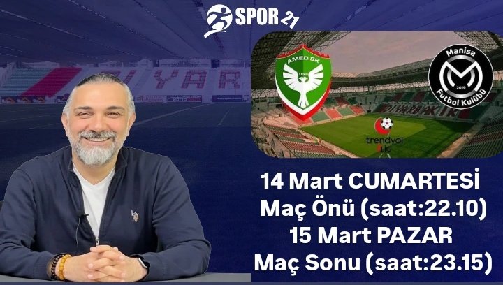 Amedspor'un evindeki zorlu Manisa maçı öncesi Maç Önü ve Maç Sonu Özel programlarımız ile Özgür BÜYÜK YouTube sayfasında sizlerle olacağız...

14 Mart CUMARTESİ 
Maç Önü (saat:22.10)
15 Mart PAZAR 
Maç Sonu (saat:23.15)

Abone olmayı unutmayın ❤️💚 
Kanal linki 👇👇 👇👇