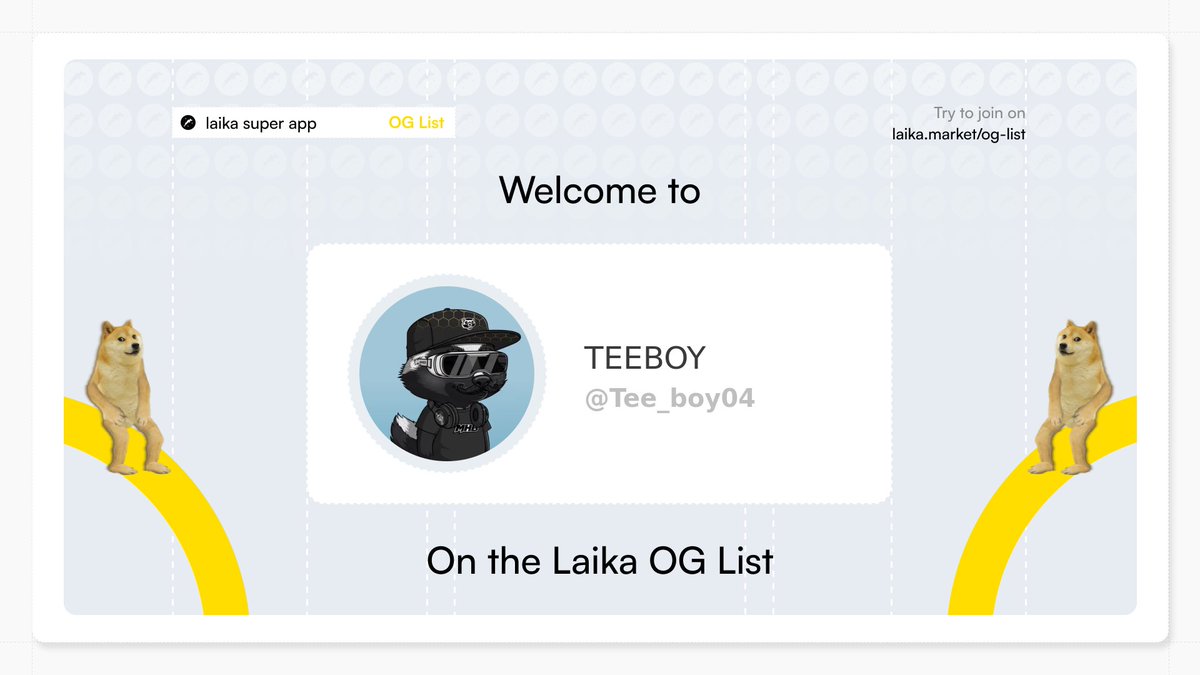 Laika_OG's tweet photo. New OG spotted: @Tee_boy04

Locked in for the Dogecoin Super App era.

Only a few will make it.
Will you? → https://t.co/SyT4BmIDZZ https://t.co/kulRRXy27I