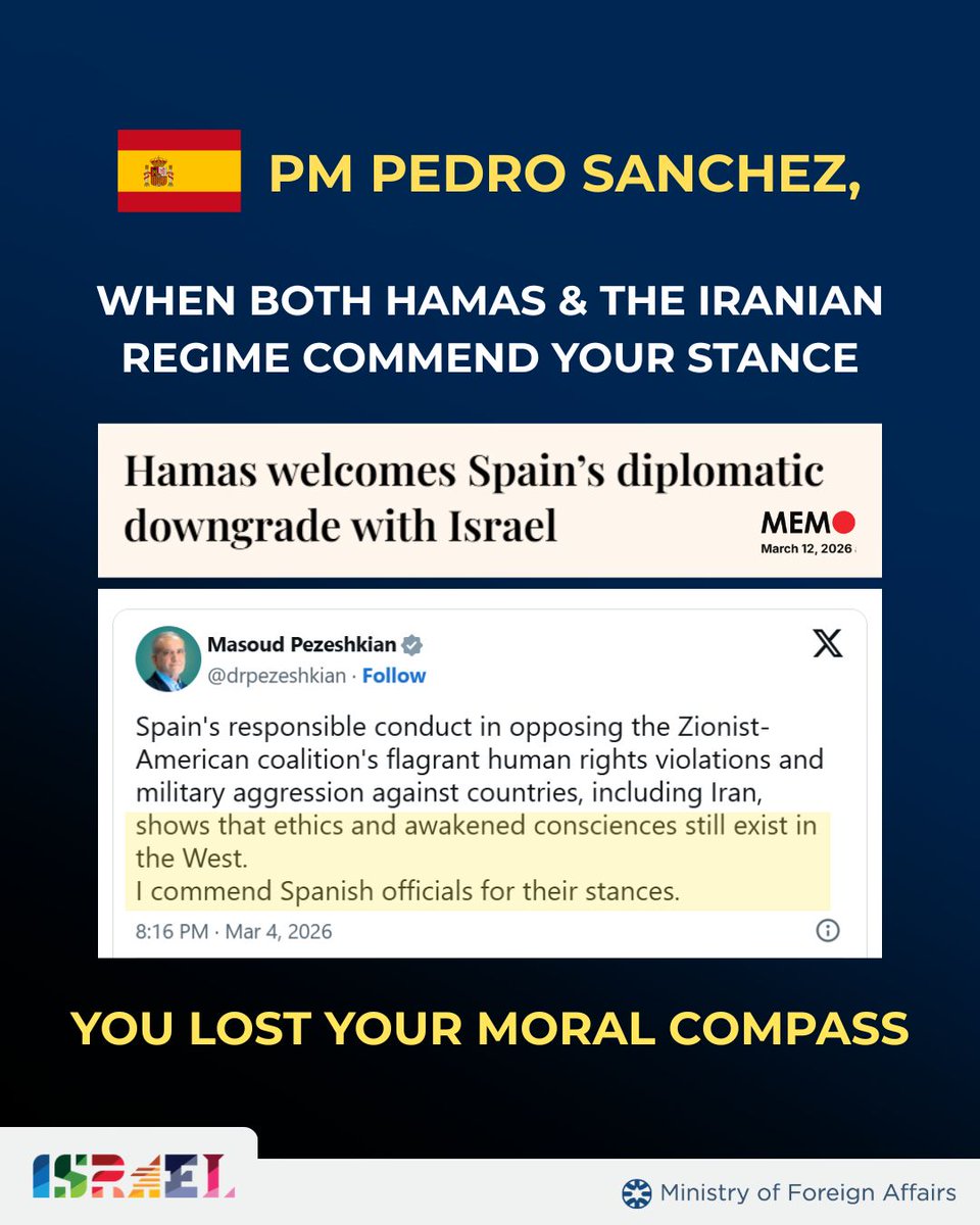 Show me who praises you, and I’ll tell you who you are.

When Hamas and the Iranian regime make up the Spanish prime minister’s biggest fan club, the people of Spain should ask themselves why.