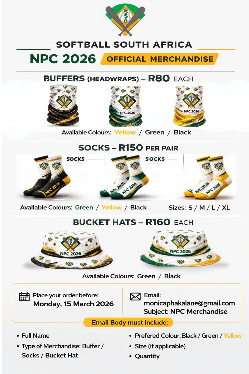 softballSA_1's tweet photo. 🏆 NPC 2026 Countdown 
Available items: 🧢 Bucket Hats
🧦 Socks
👕 T-Shirts
🧣 Buffs
Show your support and be part of the energy on and off the field!
📦 Pre-orders are essential – secure yours before the tournament starts.
#SSANPC2026 #CountdownToNPC #SoftballSouthAfrica https://t.co/hMGUumVDUP