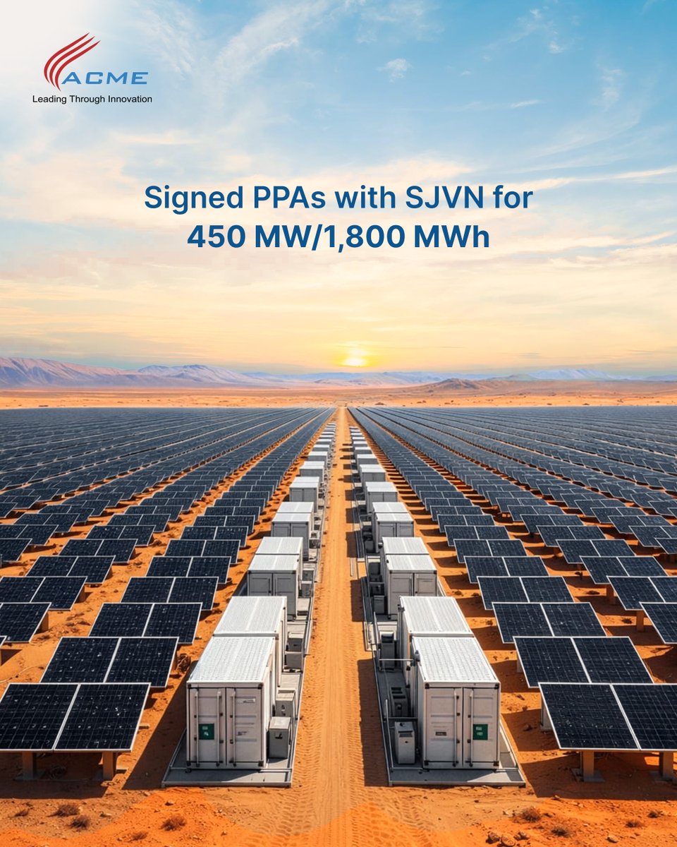 Powering India’s clean energy future.

ACME Solar Holdings has signed Power Purchase Agreements (PPAs) with SJVN for 450 MW / 1,800 MWh of ISTS-connected assured peak power capacity.

With a 25-year project tenure, these projects will leverage our night-time connectivity in
