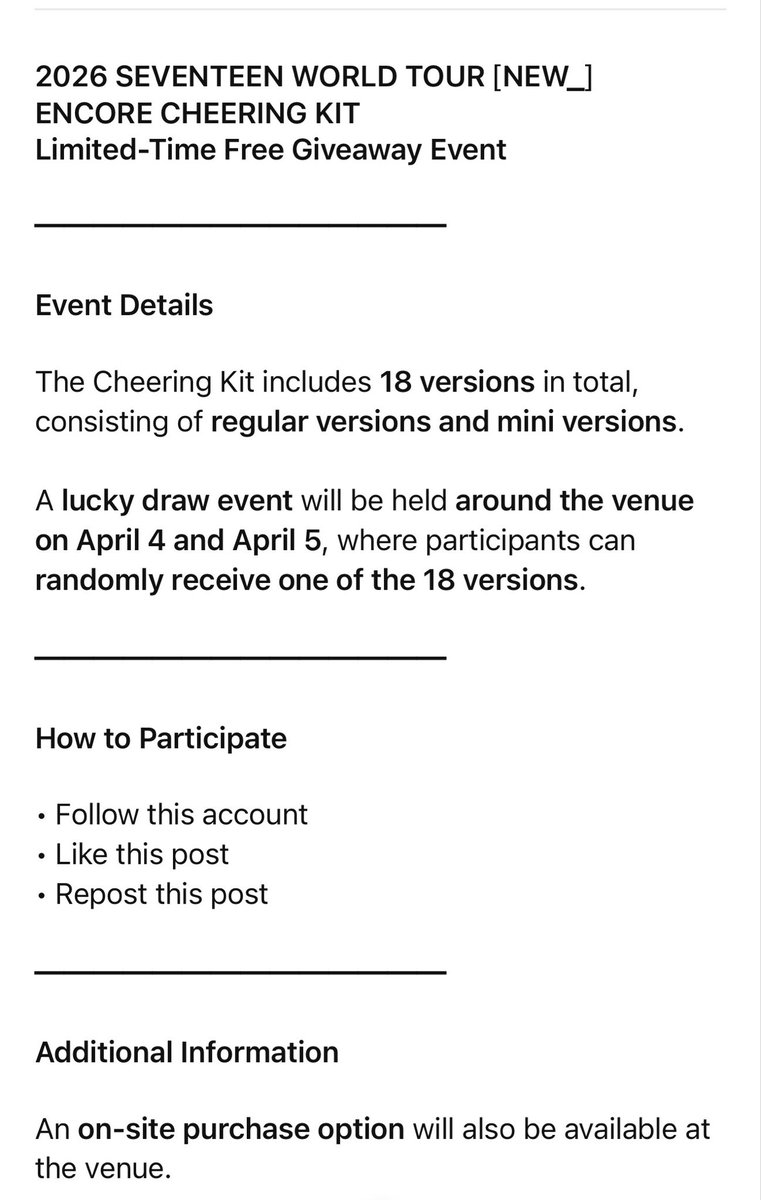 Svt_yolande's tweet photo. 2026 SEVENTEEN WORLD TOUR [NEW_] ENCORE CHEERING KIT [Limited-Time Free Giveaway Event] for #SEVENTEEN #세븐틴 

Detailed event information can be found in the image below. https://t.co/qG5Evq9X8d