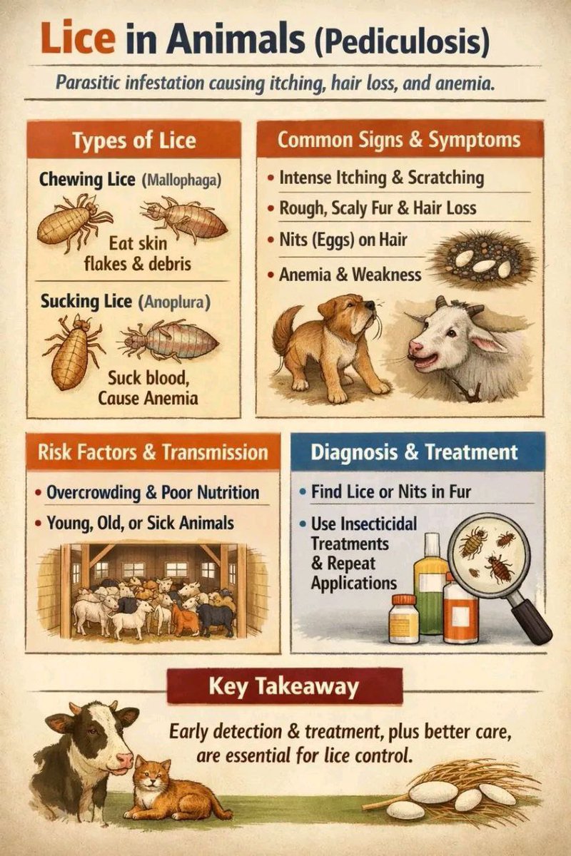 VeterinaryGate's tweet photo. Lice in animals are small, wingless, host-specific ectoparasites that cause intense itching (pruritus), hair loss (alopecia), and skin irritation, primarily affecting animals in close contact. They include sucking lice (blood-feeders) and biting lice (skin debris-feeders), which thrive in winter and can cause anemia, poor coat condition, and reduced production in livestock. 

Key Aspects of Animal Lice:
Types: Sucking lice (Anoplura, mammals only) and Chewing/Biting lice (Mallophaga, birds and mammals).
Signs: Intense itching, hair loss, restlessness, scabby/thickened skin, and weight loss or low milk yield.
Transmission: Spread through direct contact between animals or contaminated bedding/grooming tools.
Seasonality: Infestations often increase during winter months.
Treatment: Insecticides, sprays, shampoos, and pour-on products (e.g., fipronil, selamectin, pyrethroids).
Host Specificity: Lice from one animal species (e.g., dog lice) rarely infest humans or other animal species. 

Diagnosis and Management:
Lice and their eggs (nits) are visible to the naked eye, often found in matted areas, around ears, neck, and shoulders. Treatment often requires repeating 2–3 weeks later to kill newly hatched nymphs. Improving nutrition, reducing stress, and avoiding overcrowding help prevent outbreaks.