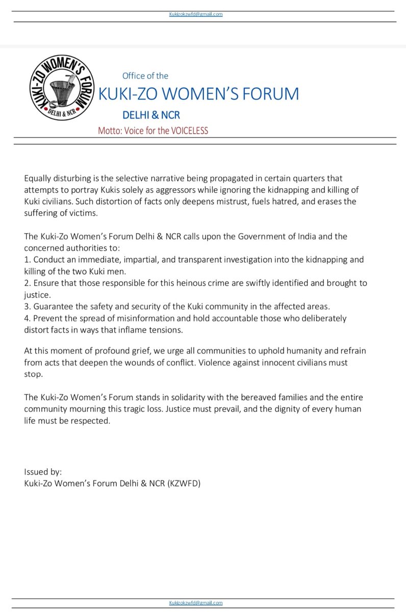 The Kuki-Zo Women's Forum Delhi &amp; NCR strongly condemn the brutal killing of 2 innocent Kuki individuals by Tangkhul Militants
<a href="/YKhemchandSingh/">Khemchand Yumnam</a> <a href="/LokBhavManipur/">LOK BHAVAN MANIPUR</a> <a href="/ANI/">ANI</a> <a href="/PTI_News/">Press Trust of India</a> <a href="/HMOIndia/">गृहमंत्री कार्यालय, HMO India</a> <a href="/MIB_India/">Ministry of Information and Broadcasting</a> <a href="/the_hindu/">The Hindu</a> <a href="/ThePrintIndia/">ThePrintIndia</a> <a href="/thewire_in/">The Wire</a> <a href="/IndiaTodayNE/">India Today NE</a> <a href="/NELiveTV/">Northeast Live</a> <a href="/ttindia/">The Telegraph</a>