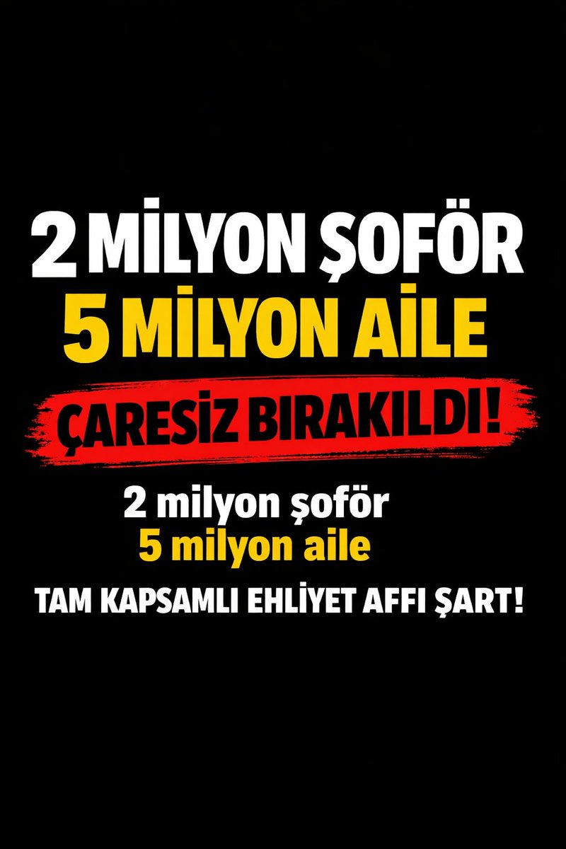 #CezalarAileYıkıyor
ŞoföreUmutHakkı

⚠️Ölümlü veya yaralanmalı kazaya sebep vermemiş; 

⚠️Ehliyeti alındıktan sonra bunalıma girmiş çalışamamış ailesi yıkılmış; 

⚠️Herşeyini kaybetmiş hayata tutunmayı bekleyen; 

2 MİLYON ŞOFÖR VAR❕ 

#CezalarAileYıkıyor