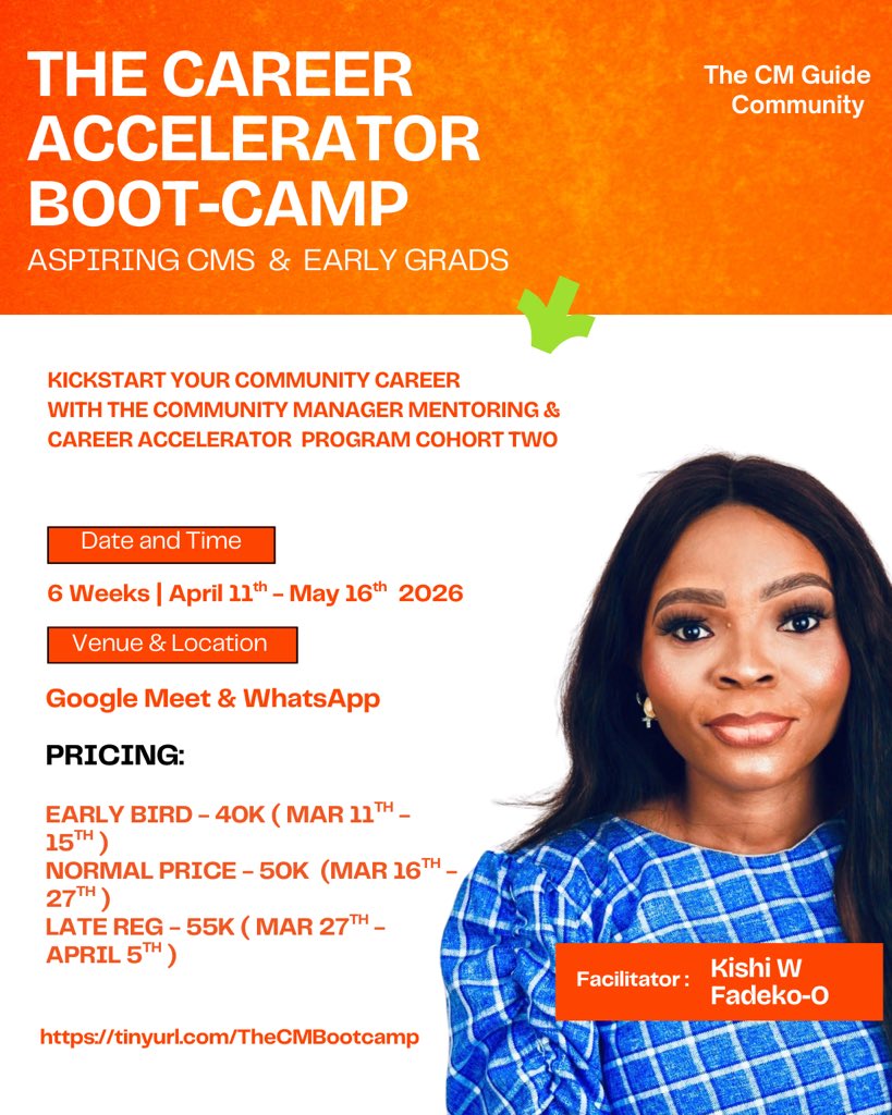 Kishi_W_Fadeko's tweet photo. 🚀 Registration for The CM Guide Bootcamp — Cohort Two is now open.

Over the past year, one thing has become increasingly clear:

*Community is becoming one of the most powerful drivers of modern growth*.

Register here: https://t.co/J9aMEciX6A

Spots are limited. https://t.co/LUbxiYWktR