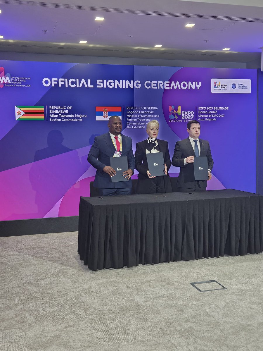 ZimTradeAlerts's tweet photo. It’s official 🇿🇼

Zimbabwe is heading to Expo 2027 Belgrade, joining 137 nations at the global event from 15 May – 15 Aug 2027.

Section Commissioner @MajuruZim has signed Zimbabwe’s participation in the specialised expo themed: “Play for Humanity: Sport & Music for All.”

@MoFA_ZW
@InfoMinZW