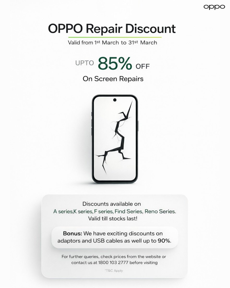 OPPOCareIN's tweet image. Cracked screen? We’ve got you covered! Get up to 85% OFF on screen repairs and up to 90% OFF on accessories like adaptors and USB cables this March. Limited-time offer, don’t miss out! T&amp;amp;C apply

#OPPOCare #ScreenRepair #MobileCare #AccessoriesSale
