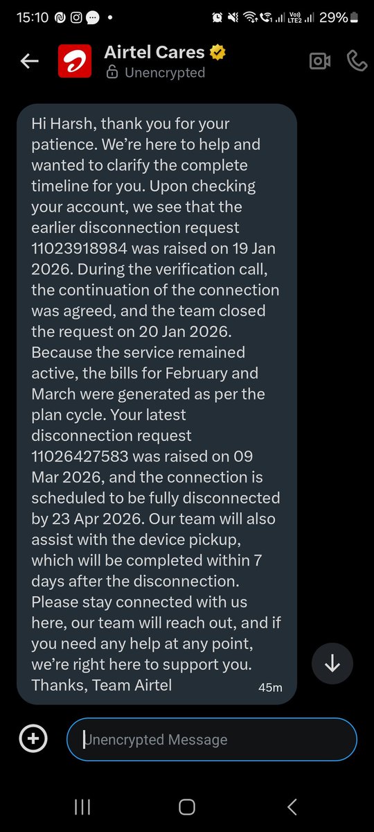 hraj5342's tweet photo. @airtelindia @Airtel_Presence i already told your team that i had changed my connection to Jio if You have the proof for continuing the service was agreed. Its your team who started my service without my concern. I am ready to pay my Dec Bill but not feb and march bill. https://t.co/Q9gm6g9XK2