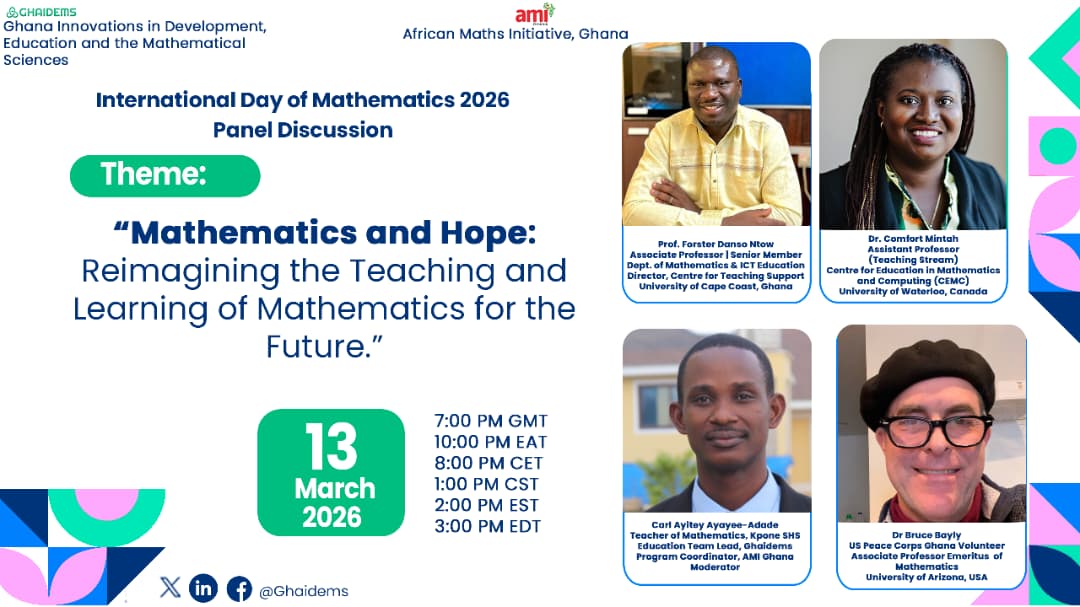 ghaidems's tweet photo. Can Mathematics Give Us Hope?

Join these experienced and leading mathematics educators as they share their bold ideas and fresh perspectives on this thought-provoking theme.

Date: Friday, March 13, 2026 @ 7:00pm.GMT - Online https://t.co/yGVnG50xjb