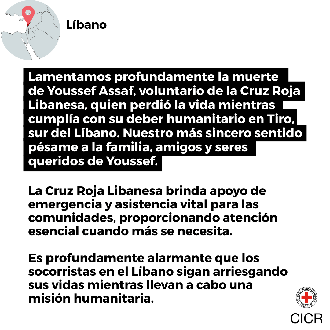 CICR_es's tweet photo. 📍 Líbano | Lloramos la muerte de Youssef Assaf, voluntario de la Cruz Roja Libanesa, quien falleció mientras cumplía con su deber humanitario. 

Los trabajadores de la salud, los hospitales y ambulancias deben ser respetados y protegidos. https://t.co/tlHZ1VpCQu