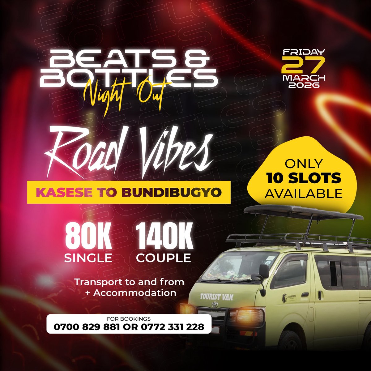 Join us on the road trip to Bwamba. Later in the night, we gonna light up KLOUD Lounge with illiest vibes at the Beats &amp; Bottles Night