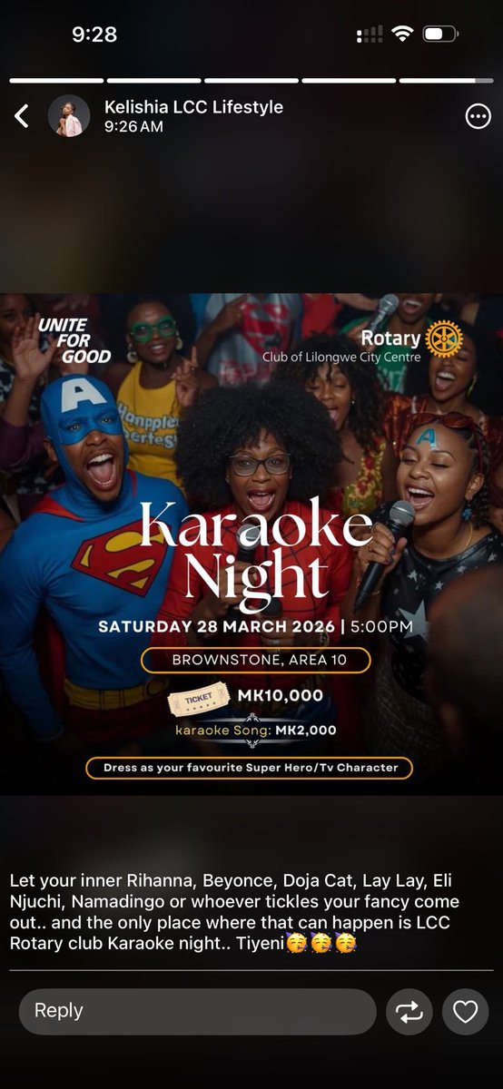 LCCRotary's tweet photo. Join us for our fun-filled and exciting Karaoke night on Saturday 28 March, 5pm at Brownstone in Area 10…
See you there 
#LCCRotary https://t.co/3S1SesopNZ