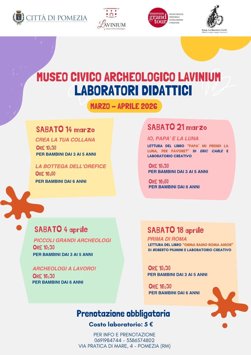 🤩ℕ𝕌𝕆𝕍𝕀 𝕃𝔸𝔹𝕆ℝ𝔸𝕋𝕆ℝ𝕀 𝔻𝕀𝔻𝔸𝕋𝕋𝕀ℂ𝕀 𝕀ℕ 𝔸ℝℝ𝕀𝕍𝕆

Tutte le info in locandina 👇🏼
Vi aspettiamo!

𝐏𝐞𝐫 𝐢𝐧𝐟𝐨 𝐞 𝐩𝐫𝐞𝐧𝐨𝐭𝐚𝐳𝐢𝐨𝐧𝐢:
☎️ 0691984744 o scrivici al 338 657 4802📧 infomuseolavinium@comune.pomezia.rm.it