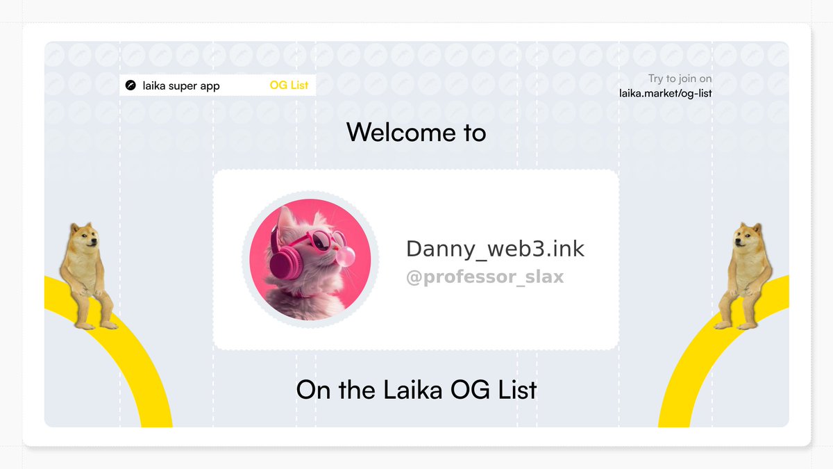 Laika_OG's tweet photo. New OG spotted: @professor_slax

Locked in for the Dogecoin Super App era.

Only a few will make it.
Will you? → https://t.co/SyT4BmIDZZ https://t.co/Z0a6nJMQit