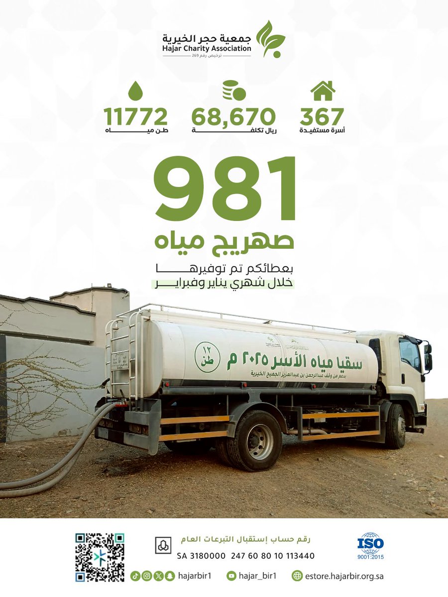 سقيا للأسر المحتاجة في القرى
عطاءكم حياة… وأثره مستمر 🤍 
. 
.تبرع من خلال متجرنا :
estore.hajarbir.org.sa
مركز الاتصال والخدمات 
wa.me/966533629900
#جمعية_حجر_الخيرية#سقيا_الماء
#صدقة_جارية#عطاء_وأثر#العمل_الخيري