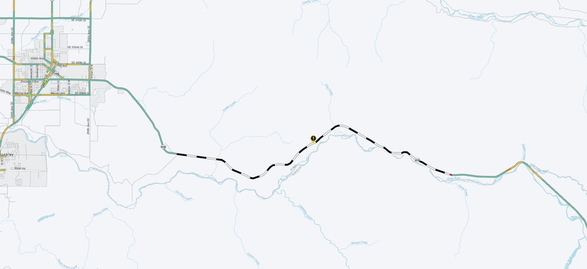 wsdot_traffic's tweet photo. UPDATE: A 10-mile section of SR 410 is closed btwn Mud Mountain Road and just west of Greenwater (mp 30-40). 

Multiple trees fell across the roadway. 

Crews will mobilize at first light to remove them and work to reopen the roadway. There is no ETA for when lanes will reopen. https://t.co/O0LRBQzm65