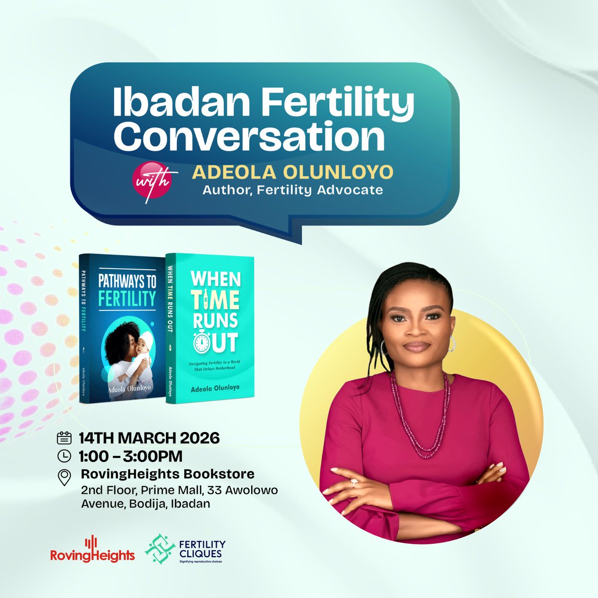 onelifeng's tweet photo. Happening this Saturday 14th March 2026 at Rovingheight Book Store @ Prime Mall Bodija Ibadan...Be there!

#fertilityconversaton #Fertilitycliques https://t.co/TvSAGuKKsD