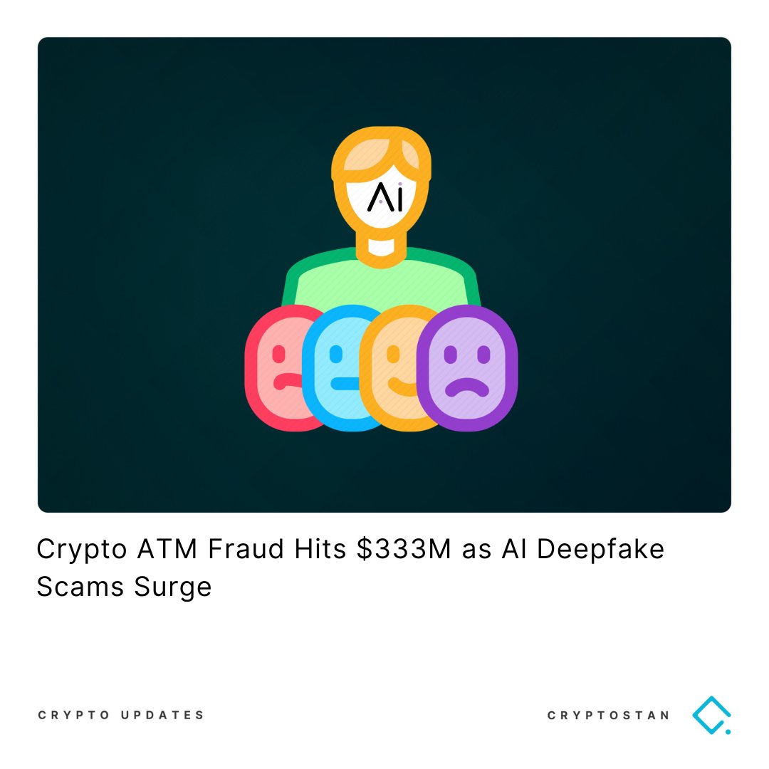 The_Cryptostan's tweet image. Crypto ATM fraud in the U.S. surged to $333 million in losses, driven by increasingly sophisticated scams using AI deepfake technology.  

#cryptoATMs #deepfakes #ai #phishing #news #cryptostan #thecryptocountry