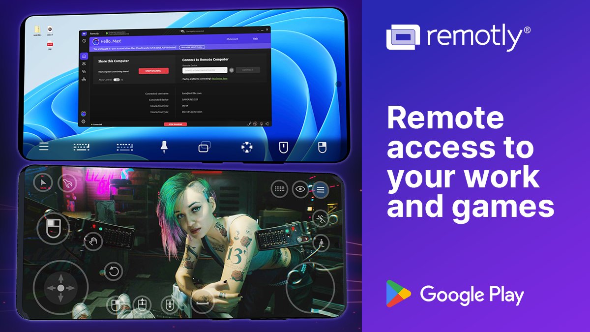 RemotlyApp's tweet photo. Remotly isn’t just desktop software, it’s also a mobile app that lets you safely connect to your remote PC for work or play! Download the free app on Google Play and start working or playing from anywhere📲🎮 Psst… iOS version coming soon!
#Mirillis #Remotly #RemoteDesktop #RemoteAccess #RemoteDesktop #WorkFromAnywhere #WorkRemotely #PlayRemotely
