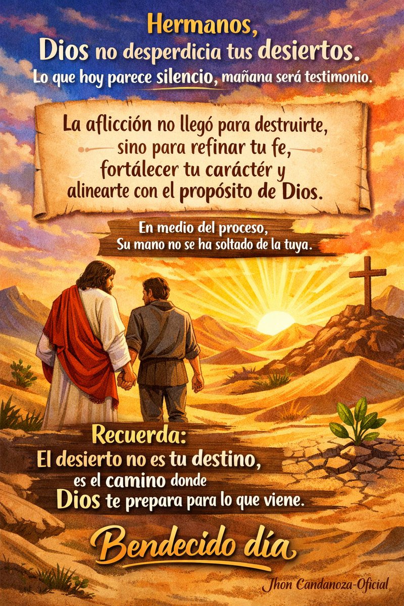 Dios no desperdicia tus desiertos. Lo que hoy parece silencio, mañana será testimonio. 🙏

Si este mensaje tocó tu corazón:
💬 Escribe “Amén”
📲 Compártelo con alguien que lo necesite hoy.

#DiosEsFiel #FeEnDios #ConfíaEnDios #DiosTieneUnPlan #ReflexiónCristiana #BendecidoDía
