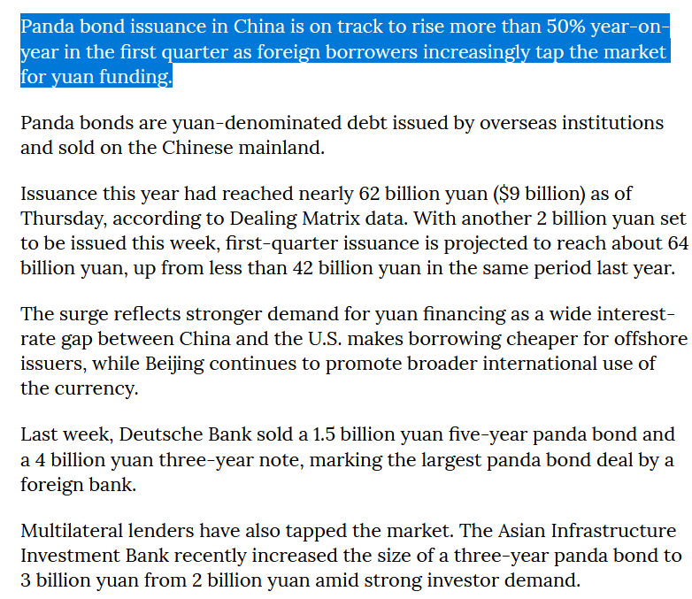 alpepinnazzo's tweet image. 🇨🇳 #Yuan funding : Panda bond issuance in China is on track to rise more than 50%  YOY in 1Q as foreign borrowers increasingly tap  the market for it.

Abracadabra😜

caixinglobal.com/2026-03-12/pan…

#markets #assetmanagement $SPX $FXI $BABA $NIO $EMLC $EEM $EMB $TLT $HYG $HSBC $GS $MS