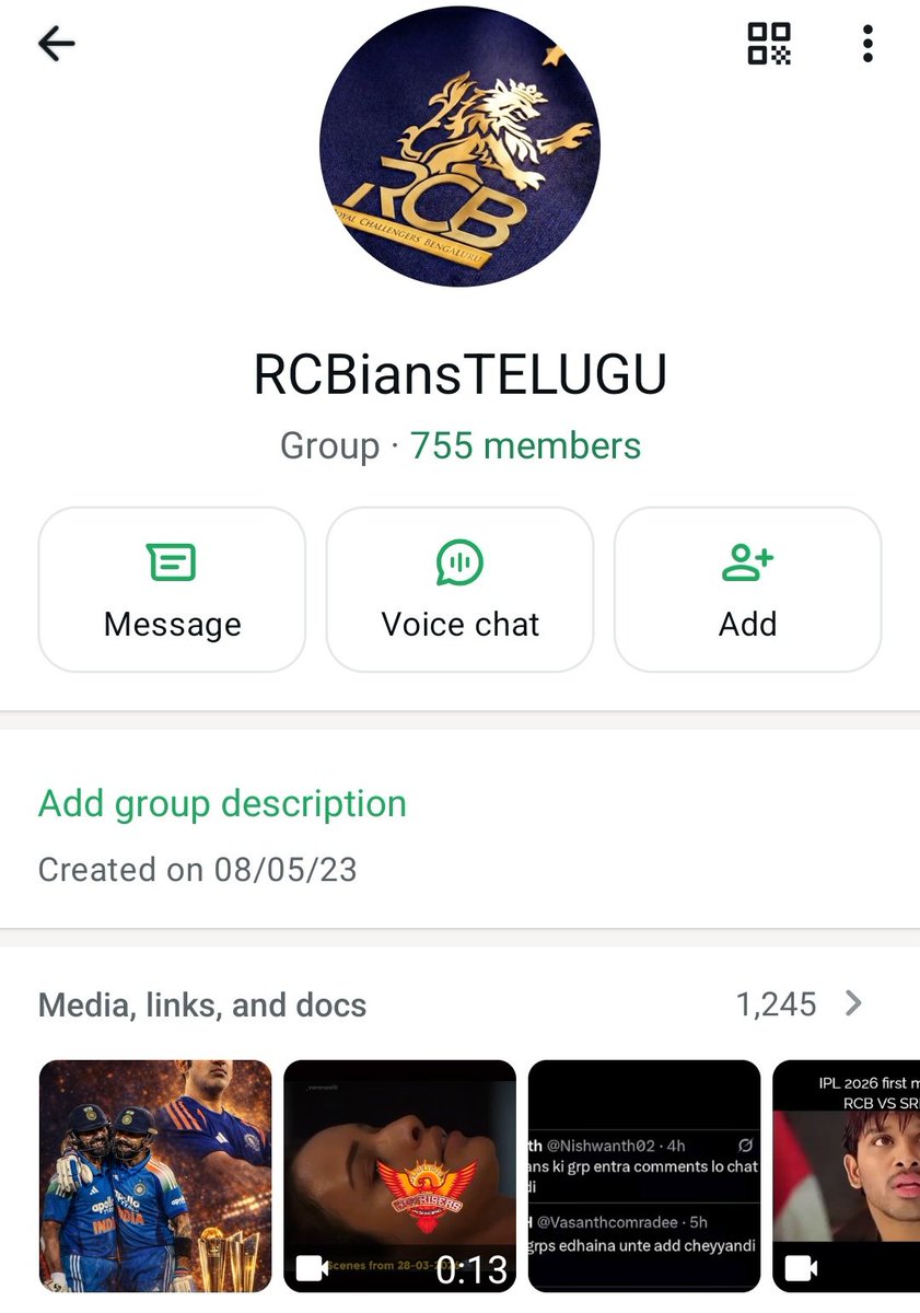 Created Rcb telugu whatsApp group.. 

interested people cmnt &amp; get link dm .. 

Note: Don't send mobile number...