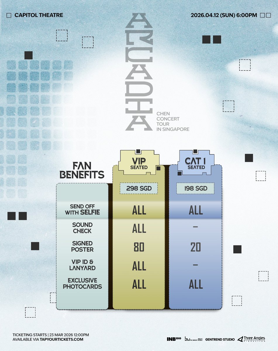Arcadia is finally coming your way, SINGAPORE! 🌟

Get ready to experience the magic that the CHEN CONCERT TOUR <Arcadia> in SINGAPORE will bring. We can't wait for you to have a once in a lifetime opportunity in Arcadia! 

Tickets will be available on 23 March 2026, 12:00 PM via