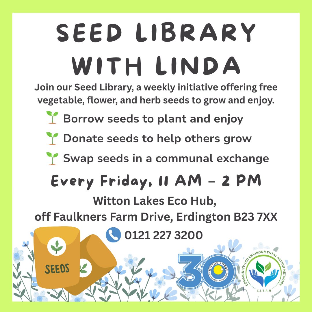 wittonlodge's tweet photo. Join Linda TODAY for seed swap magic! 🌼 Borrow, swap, donate veg, flower &amp; herb seeds – bring your garden to life! 🍅🌿

Build a greener community together! 🌟

📅Every Friday 11am-2pm
📍Witton Lakes Eco Hub, off Faulkners Farm Dr, B23 7XX

#SeedSwap #Erdington #WittonLodge https://t.co/rvNvyo4r3Q