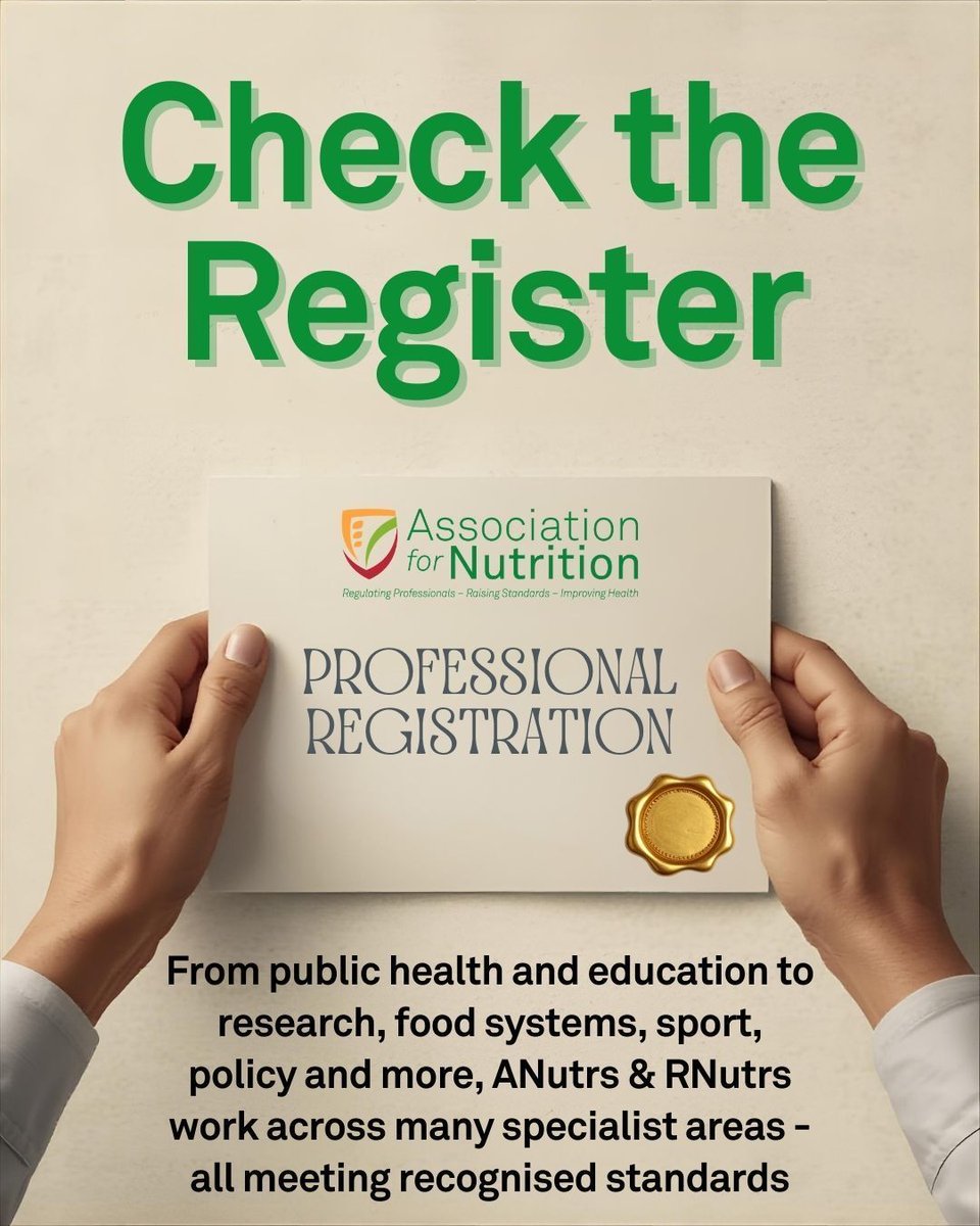 AfN_UK_'s tweet photo. The UKVRN reflects the full breadth of nutrition work.
From public health and education to research, food systems, sport, animal health and policy, #ANutrs & #RNutrs work across many specialist areas - all meeting recognised standards.
#TheCredibilityCheck #CheckTheRegister https://t.co/0I2TZ3YCkc