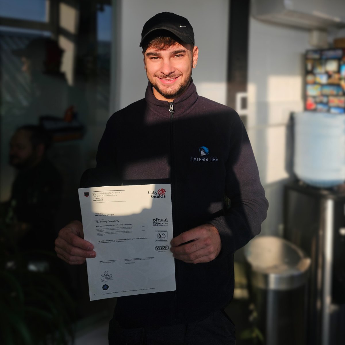 caterglobe's tweet photo. No engineering background. Just the drive to learn. Frank passed his F-Gas certification this week, guided by our senior engineer Gajan. We find people who want to grow, then make sure they do. #TeamCaterglobe #FGas https://t.co/C6Whnd8TMP