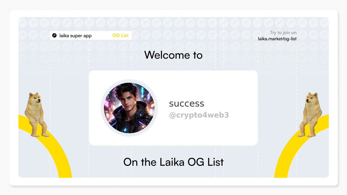 Laika_OG's tweet photo. New OG spotted: @crypto4web3

Locked in for the Dogecoin Super App era.

Only a few will make it.
Will you? → https://t.co/SyT4BmIDZZ https://t.co/5wJFpoDvik