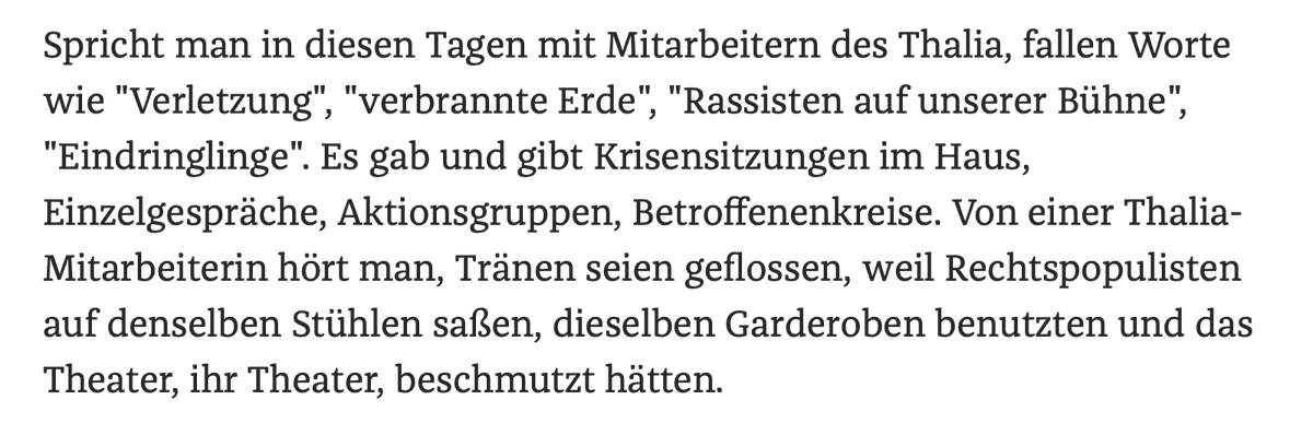 UlrichVosgerau's tweet photo. Großes Thema und vielfach geteilt ist ja heute der Artikel in der ZEIT über die nun ausgebrochene Verzweiflung am Thalia-Theater über die Milo-Rau-Veranstaltung. Dazu zwei Dinge, eines ist fast banal, das andere allerdings ziemlich beängstigend:

1) Die Verzweiflung bricht natürlich nicht deswegen aus, weil die Veranstaltung stattgefunden hat (das wußte man ja vorher, hätte man dann ja nicht machen müssen), sondern, weil sie so völlig schiefgegangen ist. Geplant war eben eine "Wannseekonferenz 2.0" mit anschließendem wochenlangen Medienalarm und Großdemonstrationen des Zweiten Öffentlichen Dienstes, der Omas gegen Rechts und der Antifa. Das ist ja jetzt alles komplett ins Wasser gefallen, und es gilt der Satz: "Alles, was bleibt, ist Martenstein!".

2) Und jetzt wird es sehr ernst: die organisierte politische Linke in Deutschland verfolgt keinerlei inhaltliches Programm mehr, z.B. wirtschaftspolitischer Natur, wie früher noch. Das politische Programm der organisierten Linken in Deutschland ist, daß sie mit 10-20 Millionen (!) anderen Deutschen nicht mehr zusammenleben will, keinerlei politische oder sonstige Gemeinschaft mehr pflegen will. Und zwar, weil diese 10-20 Millionen anderen Deutschen z.B. realitätsorientierte Ansichten zum Migrationsproblem unterhält, was sie in den Augen der Linken moralisch unrein macht. (Man sieht sie quasi an wie die Kanaaniter im Alten Testament, sie sind unrein und sitzen in unserem Land!).

Es ist daher kein Zufall, daß vor zwei Jahren dieser Bohei über die angeblichen "Deportationspläne" veranstaltet wurde. Es ist genau das, was die Psychologen "Projektion" nennen. Vermutlich wissen die Linken derzeit selber nicht genau, wo sie mit ihren Landsleuten genau hinsollen, vielleicht genügt ja Einschüchtern, wie bei Stalin, so mit Gulag-System. Aber sie sollen irgendwie alle weg oder unbemerkbar werden, damit die Reinen und die Guten mit den Ausländern dann ganz bei sich sind. 
https://t.co/hVI2ZLaenf