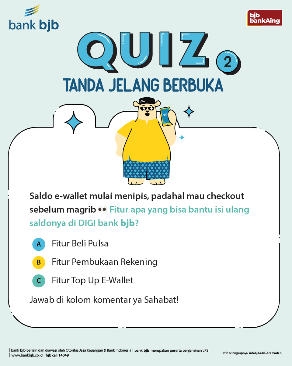 infobankbjb's tweet photo. Sahabat, yuk ikutan Quiz Tanda Jelang Berbuka dan raih kesempatan saldo DigiCash total Rp500.000 untuk 2 orang pemenang!

Caranya:
Pastikan kamu sudah follow Instagram @bankbjb, Tiktok @infobankbjb, dan X @infobankbjb
Like dan share postingan ini
Tulis jawabanmu di kolom komentar
Periode Program tanggal 12 - 14 Maret 2026

Keputusan juri bersifat final dan tidak dapat diganggu gugat. Seluruh ketentuan, persyaratan, serta pengumuman pemenang hanya akan disampaikan melalui media sosial resmi bank bjb.

Hati-hati terhadap penipuan yang mengatasnamakan bank bjb. Bank bjb tidak pernah meminta data pribadi, PIN, Kode OTP, ataupun dana dalam bentuk apapun. Pastikan kamu hanya mengakses informasi dari akun resmi bank bjb ya Sahabat!

Info selengkapnya: https://t.co/eqMucedcTG

#bankbjb #TandamataUntukNegeri #DIGIbankbjb