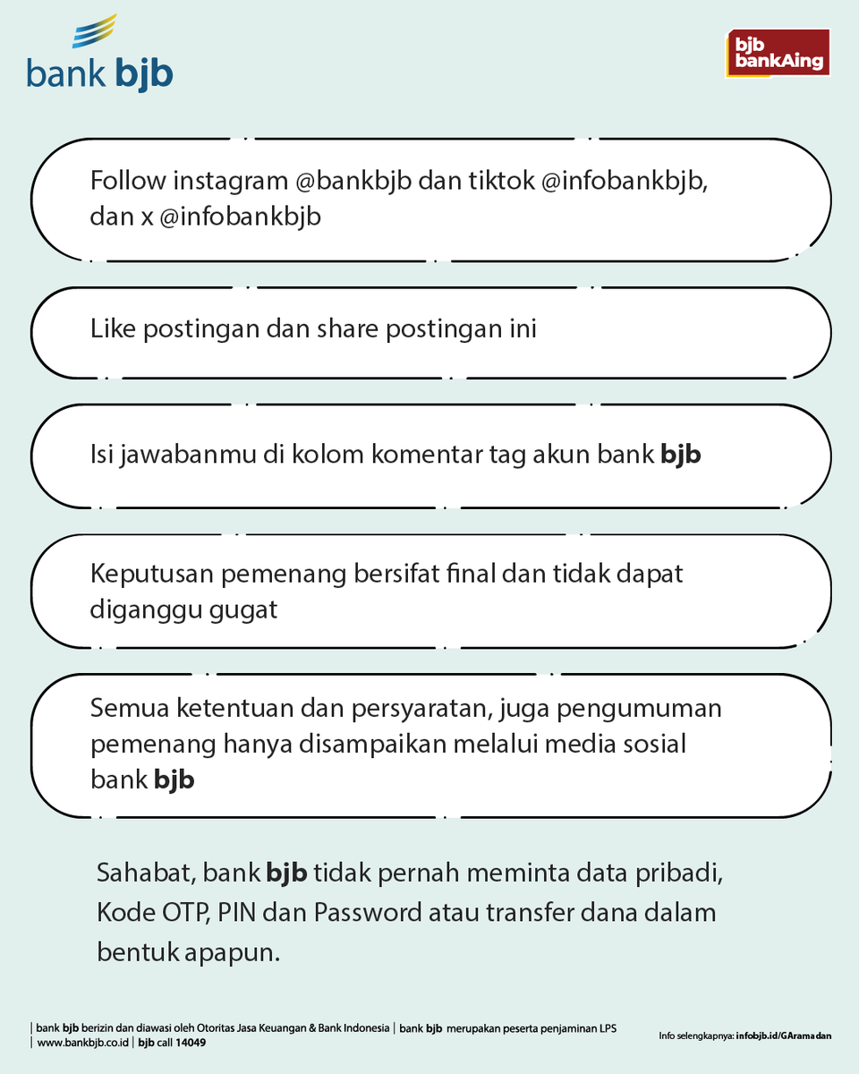 Sahabat, yuk ikutan Quiz Tanda Jelang Berbuka dan raih kesempatan saldo DigiCash total Rp500.000 untuk 2 orang pemenang!

Caranya:
Pastikan kamu sudah follow Instagram <a href="/bankbjb/">bank bjb</a>, Tiktok <a href="/infobankbjb/">bank bjb</a>, dan X <a href="/infobankbjb/">bank bjb</a>
Like dan share postingan ini
Tulis jawabanmu di kolom komentar