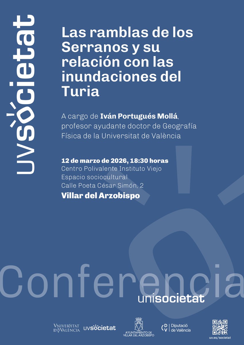 Iportugues_geo's tweet photo. Hui a les 18:30h parlaré a #VillarDelArzobispo de la influència de les rambles dels #Serrans en les grans crescudes del #Túria, al marc del programa #Unisocietat @UVsocietat https://t.co/cdBijYIR6q
