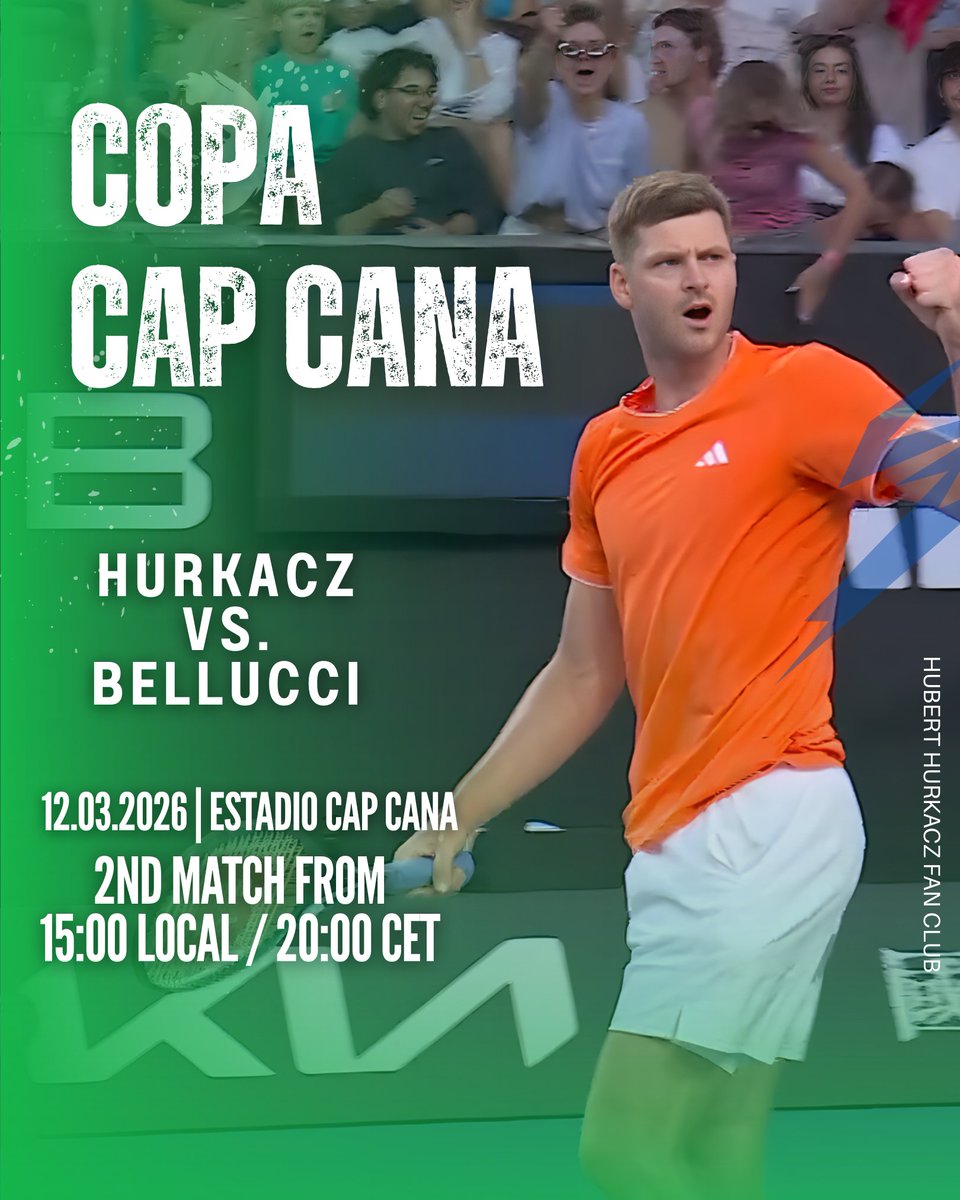 HubertHurkaczFC's tweet photo. 🇩🇴 ATP CHALLENGER COPA CAP CANA 🇩🇴
🇵🇱 Hubert Hurkacz vs. Mattia Bellucci 🇮🇹
🗓️ 12.03.2026
🏟️🕢 Estadio Cap Cana, drugi mecz od 20:00 🇵🇱 / 15:00 🇩🇴 (po spotkaniu Wong vs. Dzumhur)
📺 Challenger TV (online)
PO PRZEŁAMANIE! JAZDA, HUBI! 💪💪
#TeamHubi #HubiHero #CopaCapCana #ATPChallenger175 #HHFC
