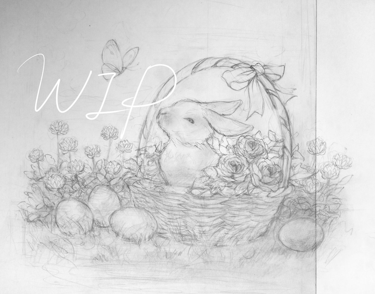 Manna7603's tweet photo. WIP
下描き、カラーラフ、線画

相変わらず雑～な下描きでお恥ずかしいです🤣💦
普段あまり描かないうさぎとか、花かごとか…
イースター用の絵を描いてます。 https://t.co/VGe3oYaTE5